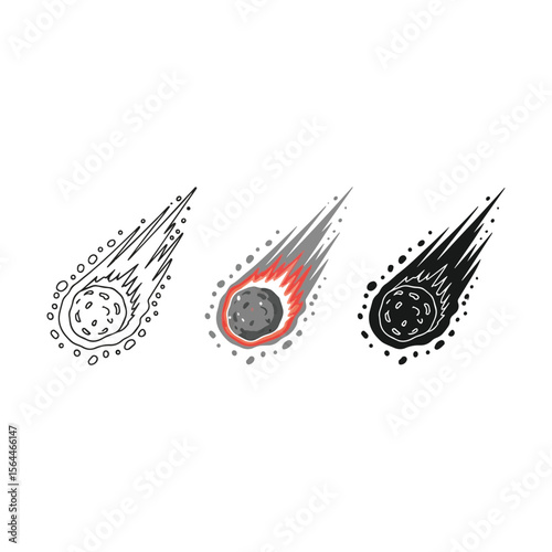 Three stylized drawings of a comet with a fiery tail streaking across a white background Art & Illustration