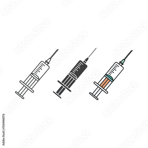 Three stylized syringes with different fill levels and colors isolated on white background Art & Illustration