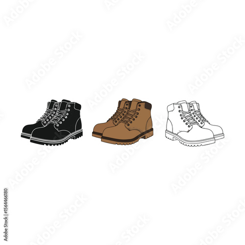 Three styles of work boots including a black pair brown pair and outline drawing Art & Illustration