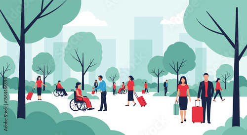 Diverse group of people enjoying an outdoor public park with trees and buildings in the background