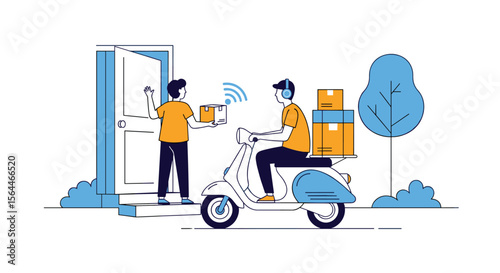 Express Home Delivery Service with a Scooter Driver and a Customer Receiving a Package at the Doorstep