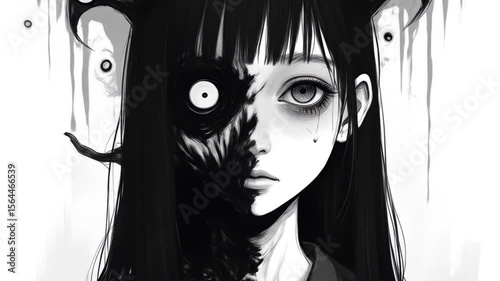 Creepy Black and White Anime Girl with Half Face Devil.	