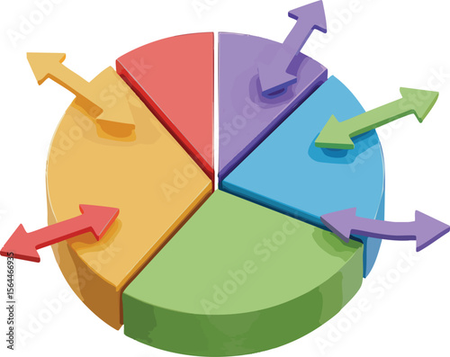 Colorful 3D Pie Chart with Outward Arrows Illustrating Data Distribution and Segmentation