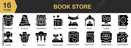 Book Store solid icon set. Includes literature, novel, education, library, shelf, and More. Solid icons vector collection.