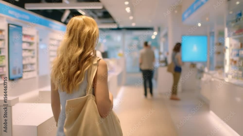 Woman Shopping in Pharmacy: A young woman with long blonde hair walks through a bright and modern pharmacy, carrying a reusable shopping bag. The pharmacy features clean lines and digital displays.