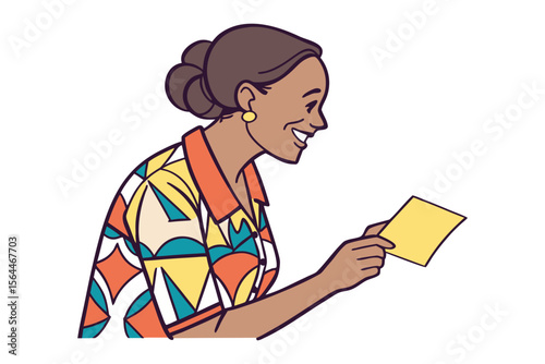 Smiling woman with brown hair in a bun wearing a colorful geometric patterned shirt holding a yellow note