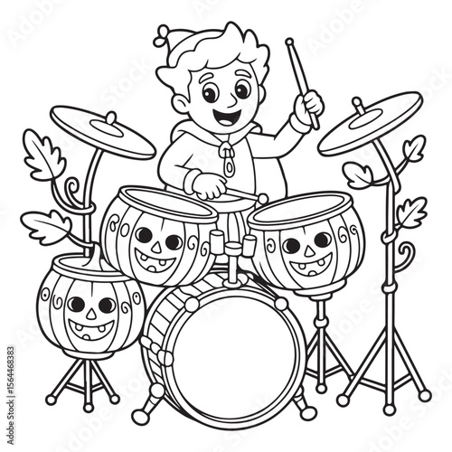 Cartoon boy playing halloween themed drum set coloring page