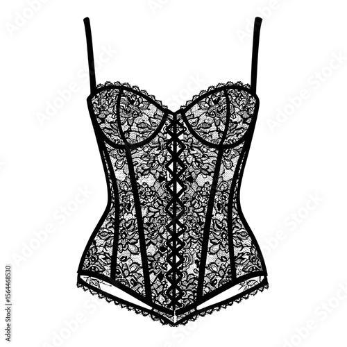 Black lace corset with intricate design and adjustable straps  