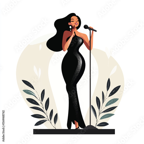 a event woman singing  in glam dress holding  mic