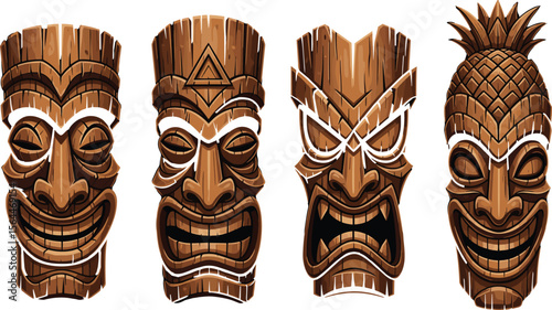 Wooden Tiki Statue Front View with Tribal Carvings, Polynesian Style Decorative Totem, Cultural Heritage Icon, Vector Illustration, Tropical Decor Art