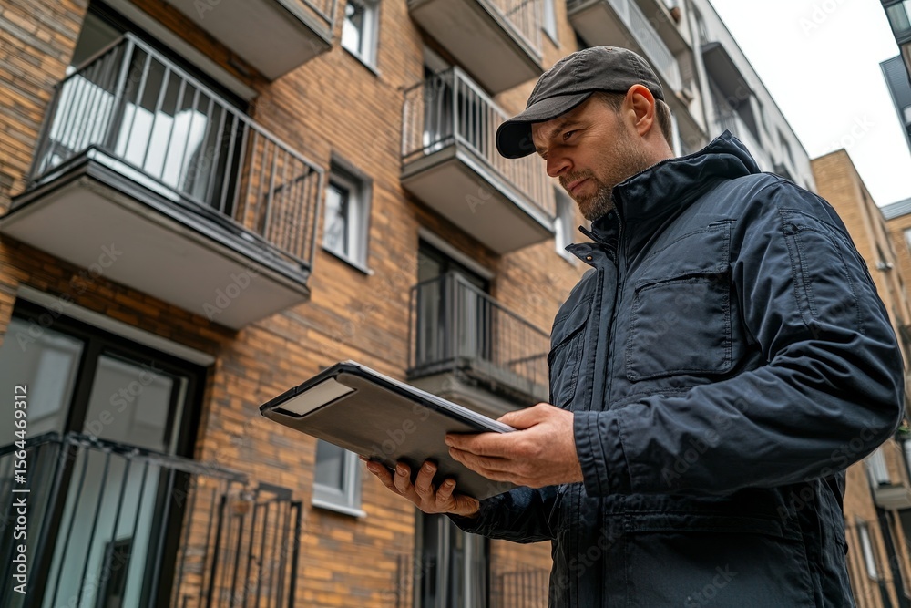 Fototapeta premium Home inspection consultancy, inspector evaluating material integrity of balcony, looking for fractures and potential structural issues, ensuring safety and quality before sale, Generative AI