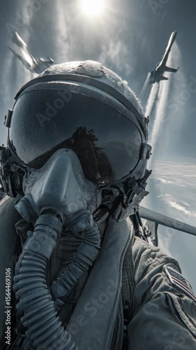 Pilot Selfie in Fighter Jet with Airplanes and Contrails Against the Sky