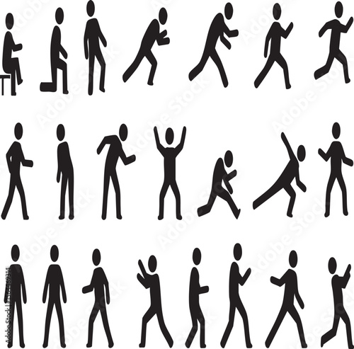 Title: Dynamic Human Silhouette Poses: Diverse Stick Figures Depicting Running, Walking, Sitting, Jumping, and Various Actions

