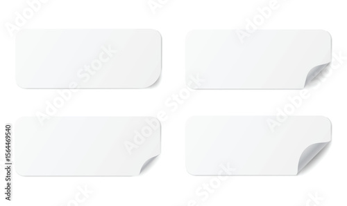 Realistic paper stickers long square with rounded edges adhesive, isolated rounded plastic mockup, white tags, paper round stickers with peeling corner and shadow