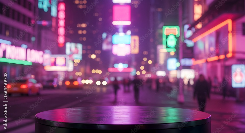 Fototapeta premium Neon cityscape lights up an urban night scene, with a vibrant platform for product displays or creative presentations