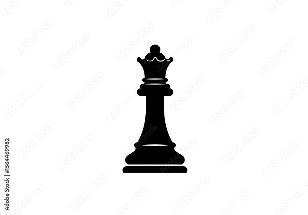 A solitary black queen chess piece stands prominently against a stark white background center frame view A solitary black queen chess piece stands prominently against a stark white background center frame view