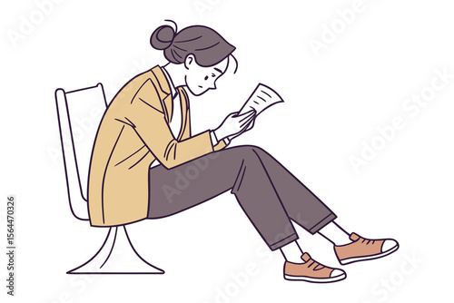 Focused woman in business attire sitting in a chair reading documents with a serious expression on a white background