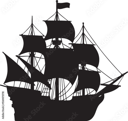 Ancient Pirate Ship Silhouette Vector Icon - Old Sailing Boat