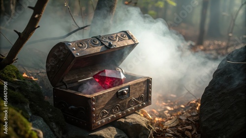 Mysterious treasure chest amid foggy forest scenery.