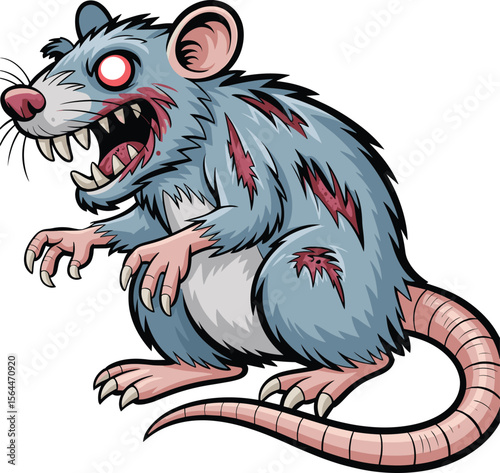 Zombie Rat Illustration Front View with Glowing Eyes and Sharp Teeth, Creepy Cartoon Rodent Character, Halloween Monster Design, Horror Vector Artwork