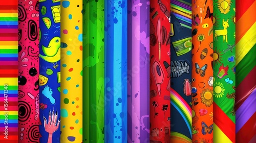 Colorful pride rainbow stripes with inclusive patterns, perfect for Pride Month digital design