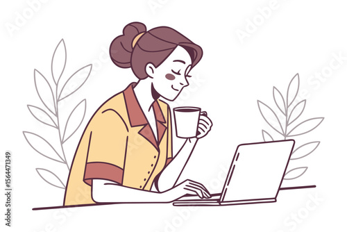 A woman with her hair in a bun enjoys a warm beverage while working on her laptop surrounded by delicate plant illustrations