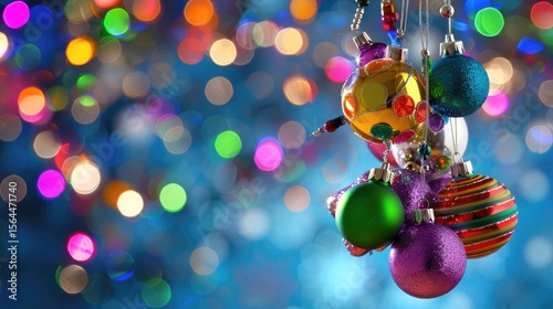 Colorful Christmas ornaments hanging with blurred sparkling lights in the background, festive holiday scene