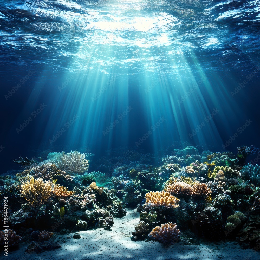 Obraz premium Stunning Underwater Scene Sunbeams Illuminate Vibrant Coral Reef