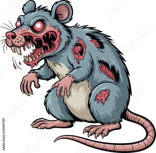 Terrifying Zombie Rat Illustration Front View, Undead Diseased Rodent with Glowing Eyes, Horror Cartoon Character, Halloween Monster Design, Creepy Artwork Template