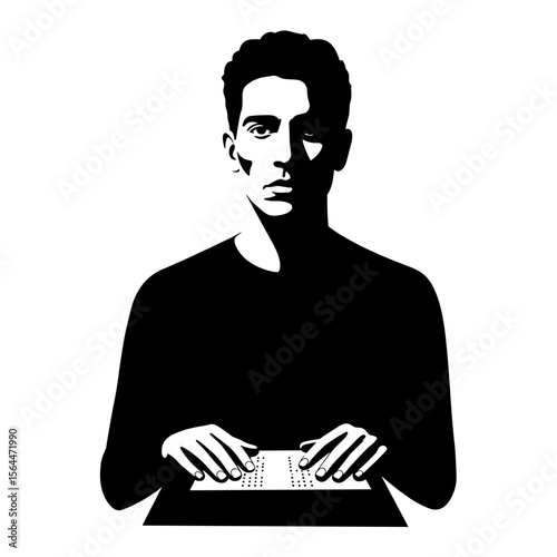 Young man reading braille with focused expression on black background  