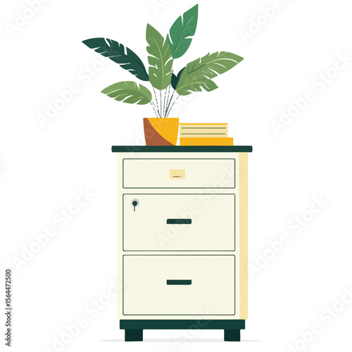 a filing cabinet and plant on top
