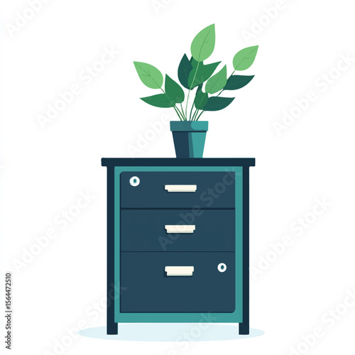 a filing cabinet and plant on top