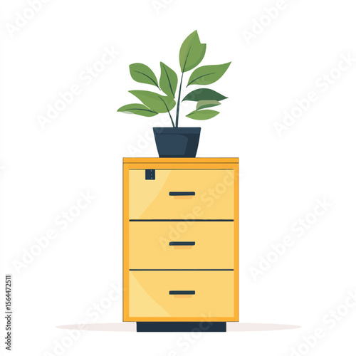 a filing cabinet and plant on top
