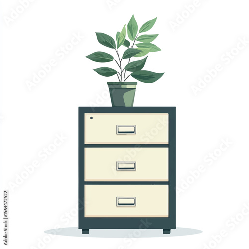 a filing cabinet and plant on top