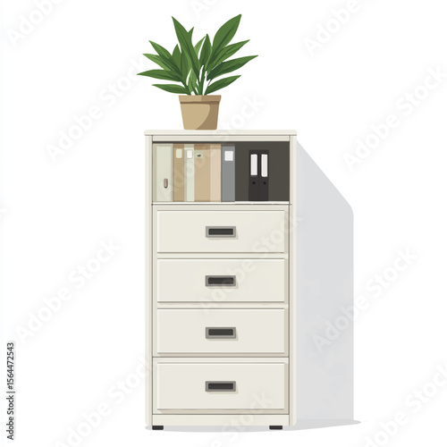 a filing cabinet and plant on top