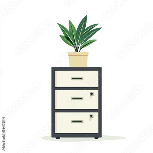 a filing cabinet and plant on top