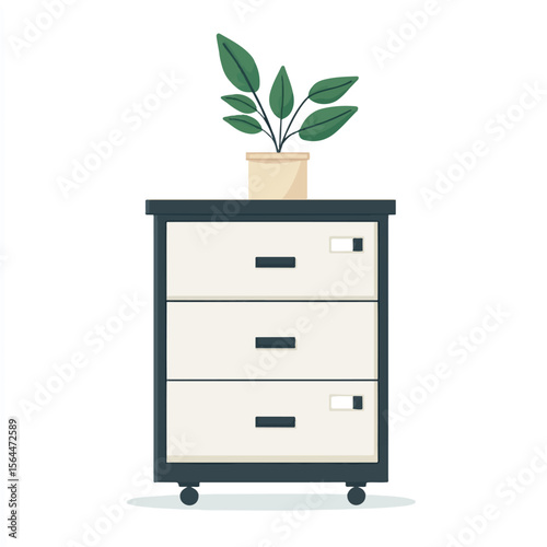 a filing cabinet and plant on top