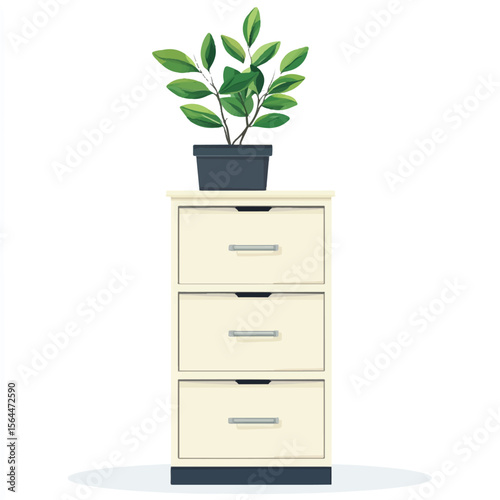 a filing cabinet and plant on top