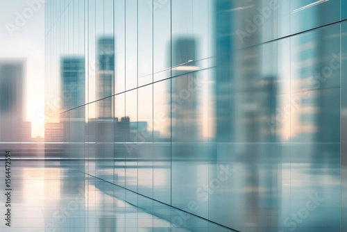 Modern office building glass windows with city skyline blurred background