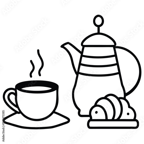A cheerful setting awaits with a yellow kettle steaming beside a fragrant cup of tea, Croissants sit on a plate