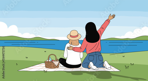 Two friends enjoying a lovely summer picnic by the serene lake on a beautiful sunny day surrounded by green hills and blue sky with white clouds