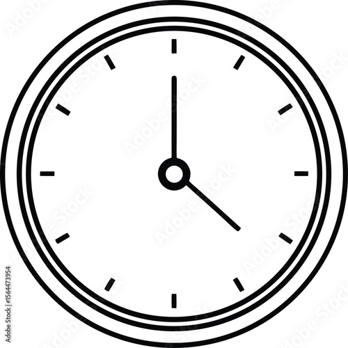 Wall clock isolated on white background showing time with black hands and numbers simple vector illustration