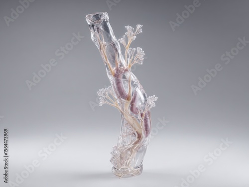 A clear glass sculpture with internal structures resembling organic forms and floral decorations around it