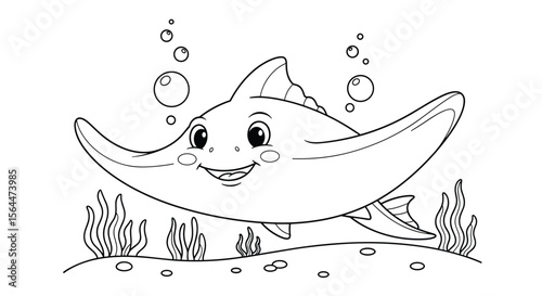 Adorable cartoon manta ray swimming happily amongst bubbly ocean plants and sandy seabed creating a cheerful underwater scene