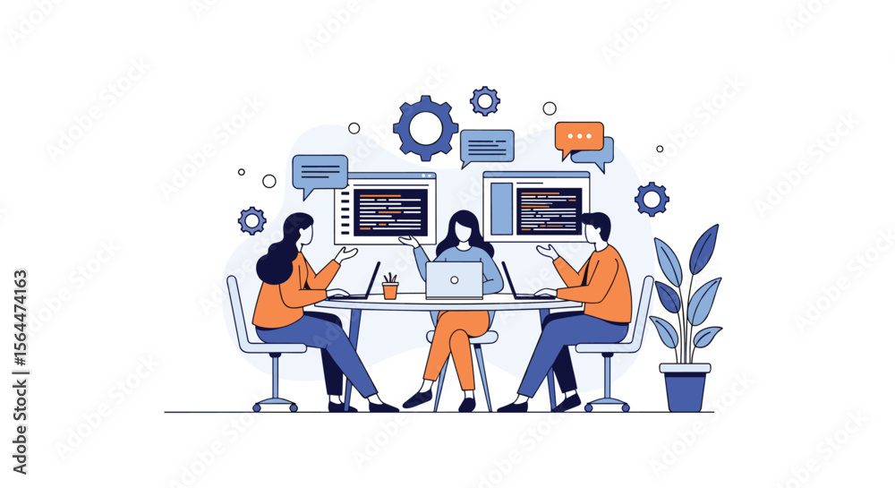 Fototapeta premium Team Collaboration and Project Management in a Modern Office Setting with Digital Interfaces