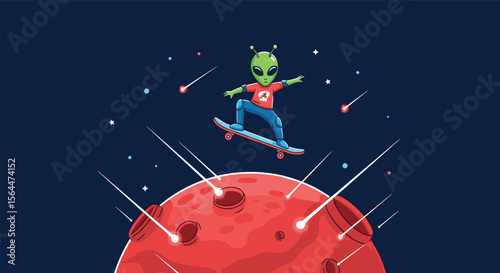An Extraterrestrial Adventurer Skates Through the Cosmos on a Meteor Shower Above a Rocky Planet