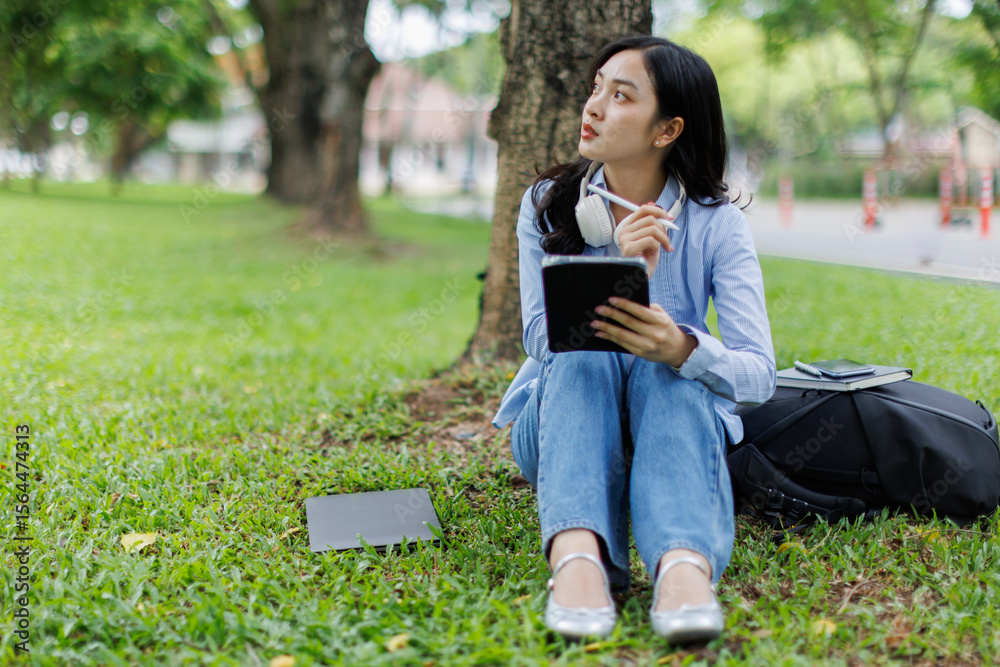 Obraz premium Young studying students asian woman sitting outdoors and reading a book enjoying leisure time in a park, copy space. Education studying students concept