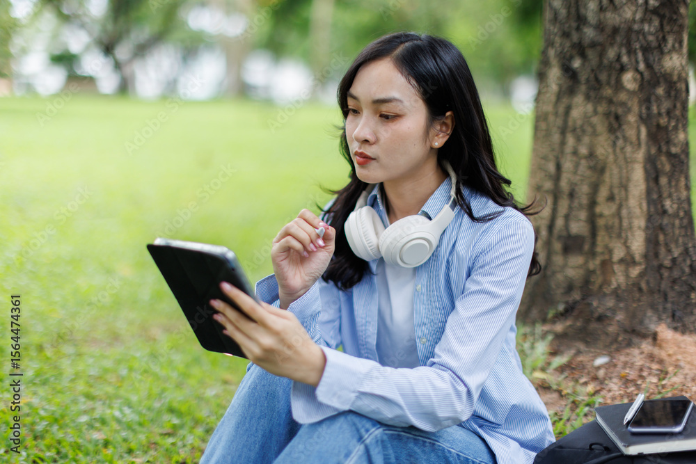 Obraz premium Young studying students asian woman sitting outdoors and reading a book enjoying leisure time in a park, copy space. Education studying students concept