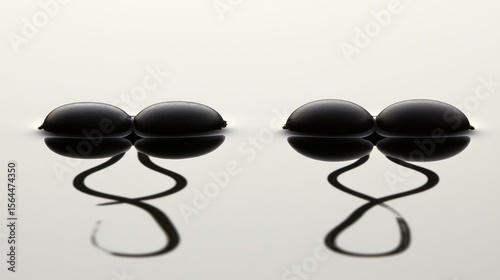 Abstract Still Life: Two Pairs of Black Seeds with Reflections on White Surface