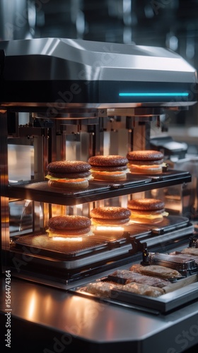 Close up of burgers being prepared in a modern automated food preparation machine in a restaurant
